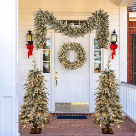 Pre-lit Christmas Artificial Tree 4-Piece Set, Garland, Wreath and Set of 2 Entrance Trees, X-mas with LED Lights, PVC Festival Celebration Set